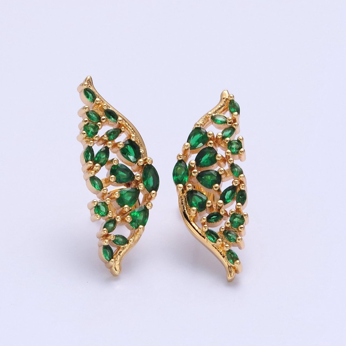 24K Gold Filled Green Butterfly Wings Studs, Micro Pave Mariposa Emerald Earrings V-446