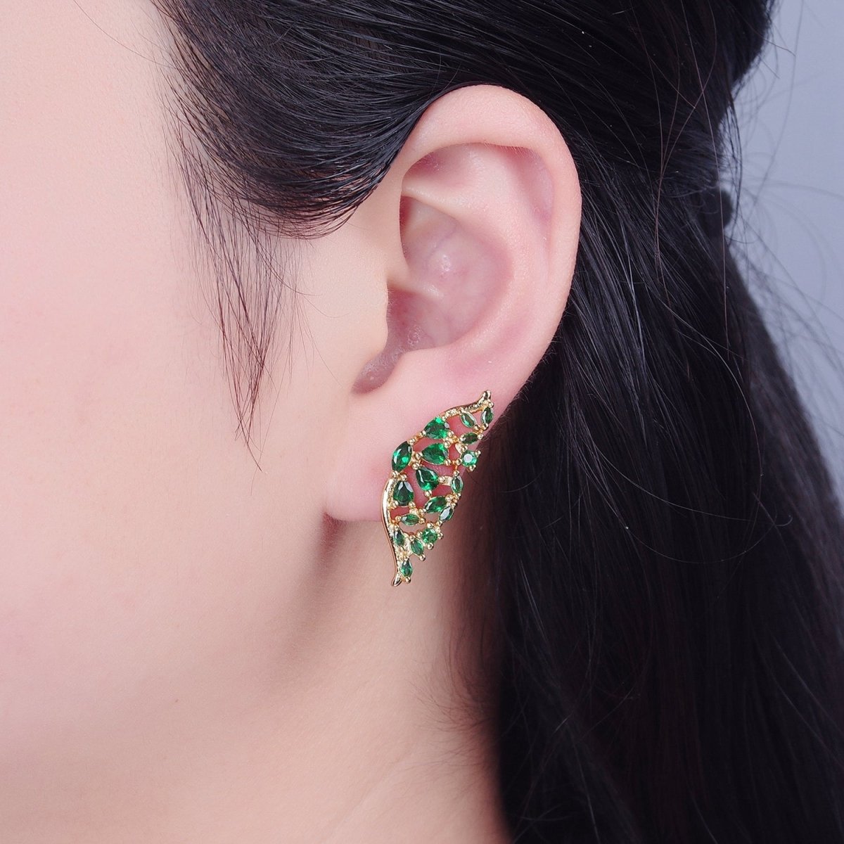 24K Gold Filled Green Butterfly Wings Studs, Micro Pave Mariposa Emerald Earrings V-446