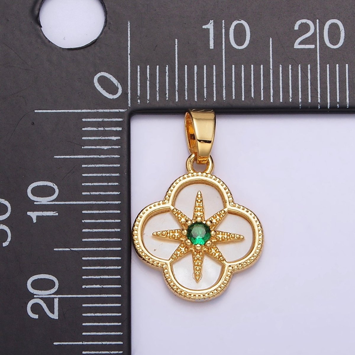 24K Gold Filled Green CZ Beaded Celestial North Star Shell Pearl Quatrefoil Pendant | AA562