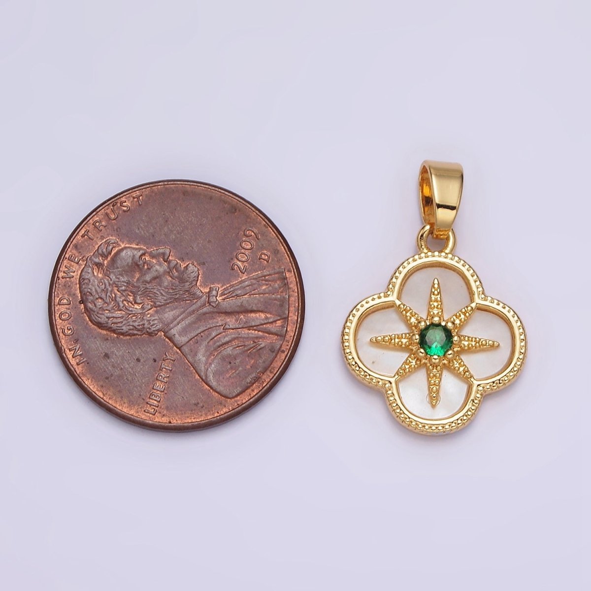 24K Gold Filled Green CZ Beaded Celestial North Star Shell Pearl Quatrefoil Pendant | AA562