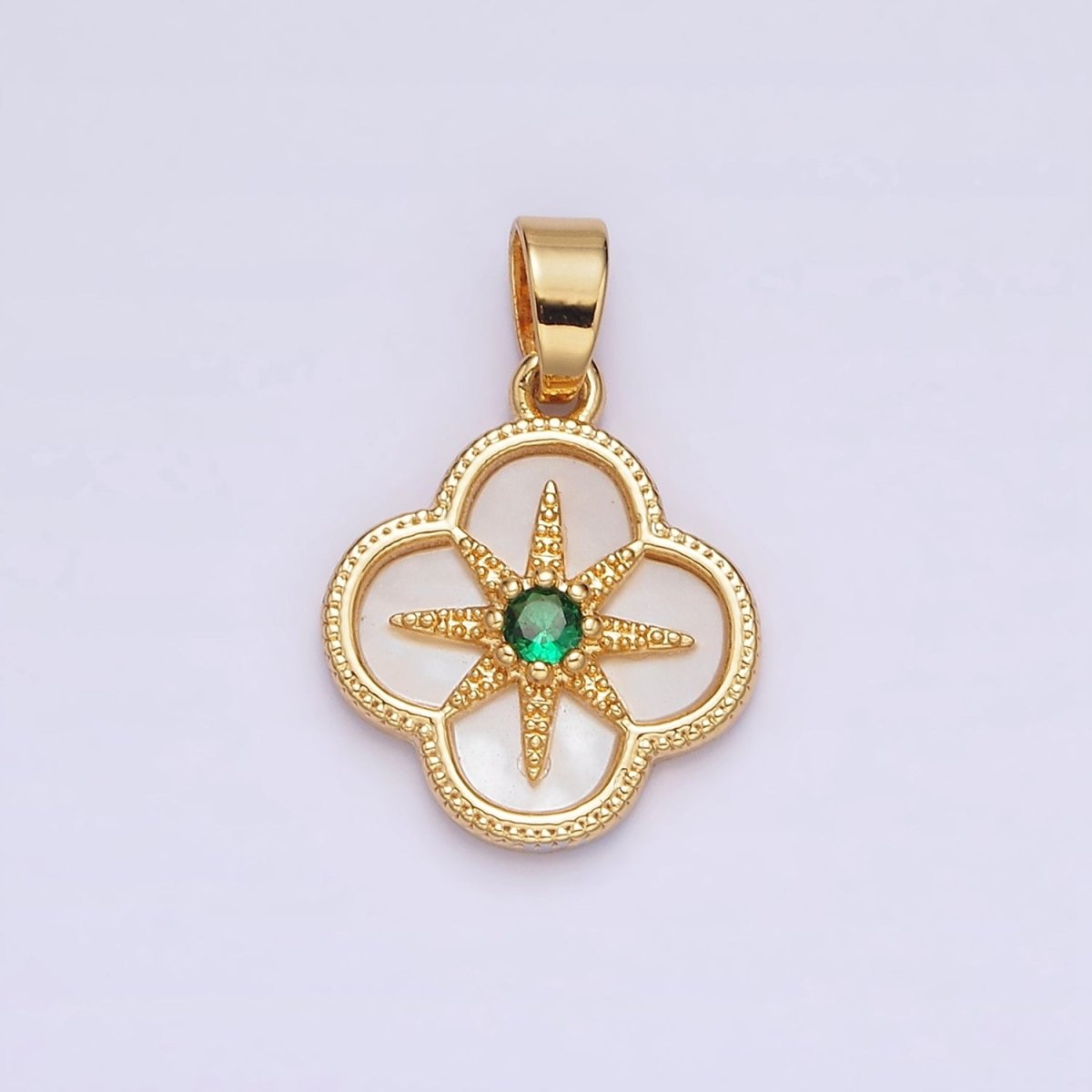 24K Gold Filled Green CZ Beaded Celestial North Star Shell Pearl Quatrefoil Pendant | AA562