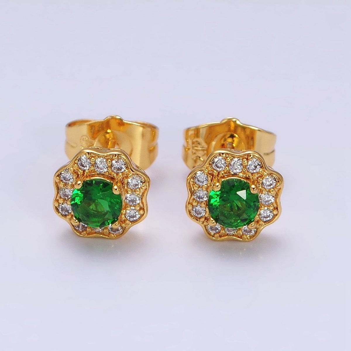 24K Gold Filled Green CZ Flower 8mm Stud Earrings | AD1428