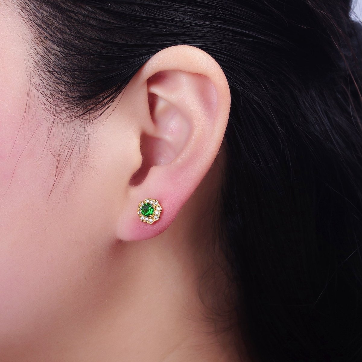 24K Gold Filled Green CZ Flower 8mm Stud Earrings | AD1428