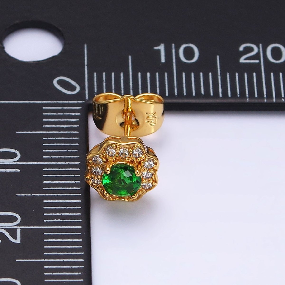24K Gold Filled Green CZ Flower 8mm Stud Earrings | AD1428