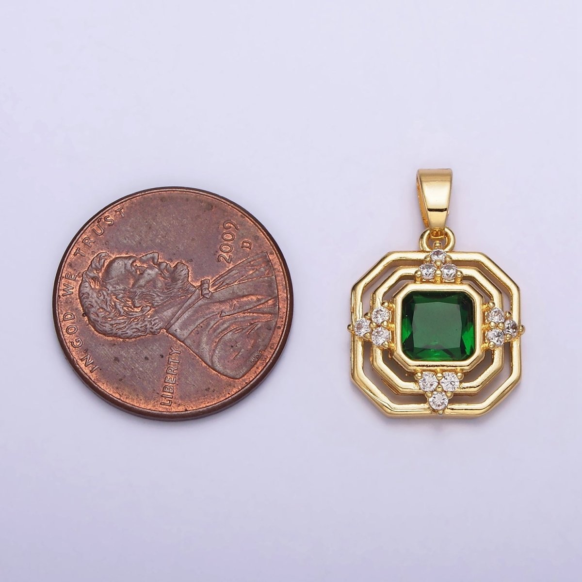 24K Gold Filled Green CZ Triangle Triple Frame Hexagonal Pendant | AA566