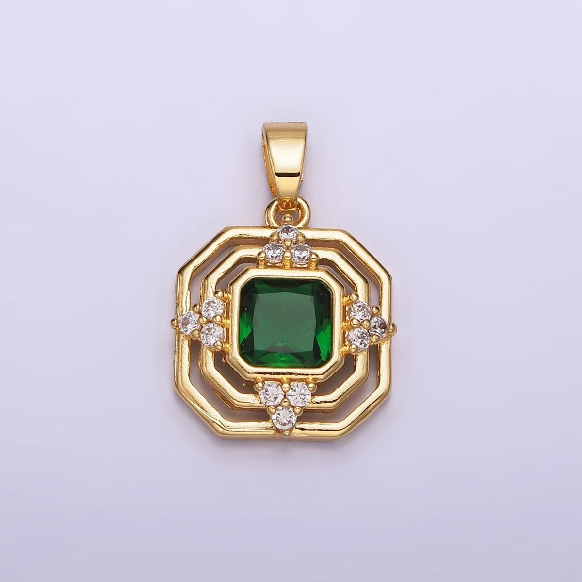 24K Gold Filled Green CZ Triangle Triple Frame Hexagonal Pendant | AA566