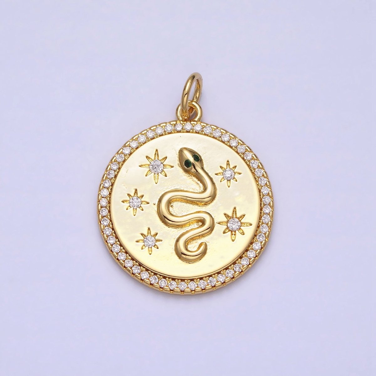 24K Gold Filled Green-Eyed Snake Celestial Star Sun Clear Micro Paved CZ Round Charm | AC376