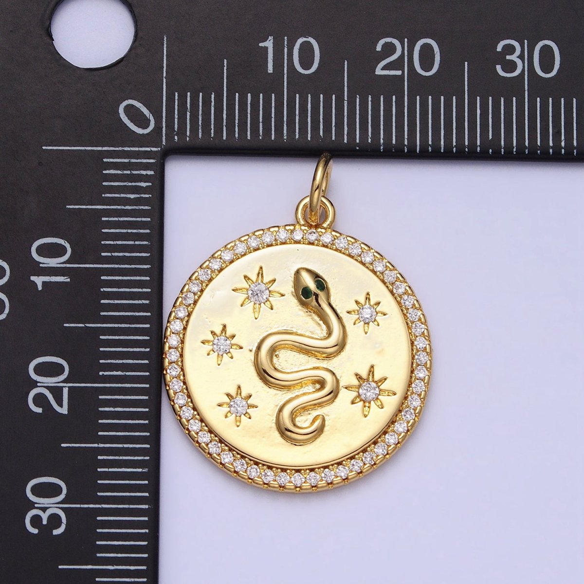 24K Gold Filled Green-Eyed Snake Celestial Star Sun Clear Micro Paved CZ Round Charm | AC376