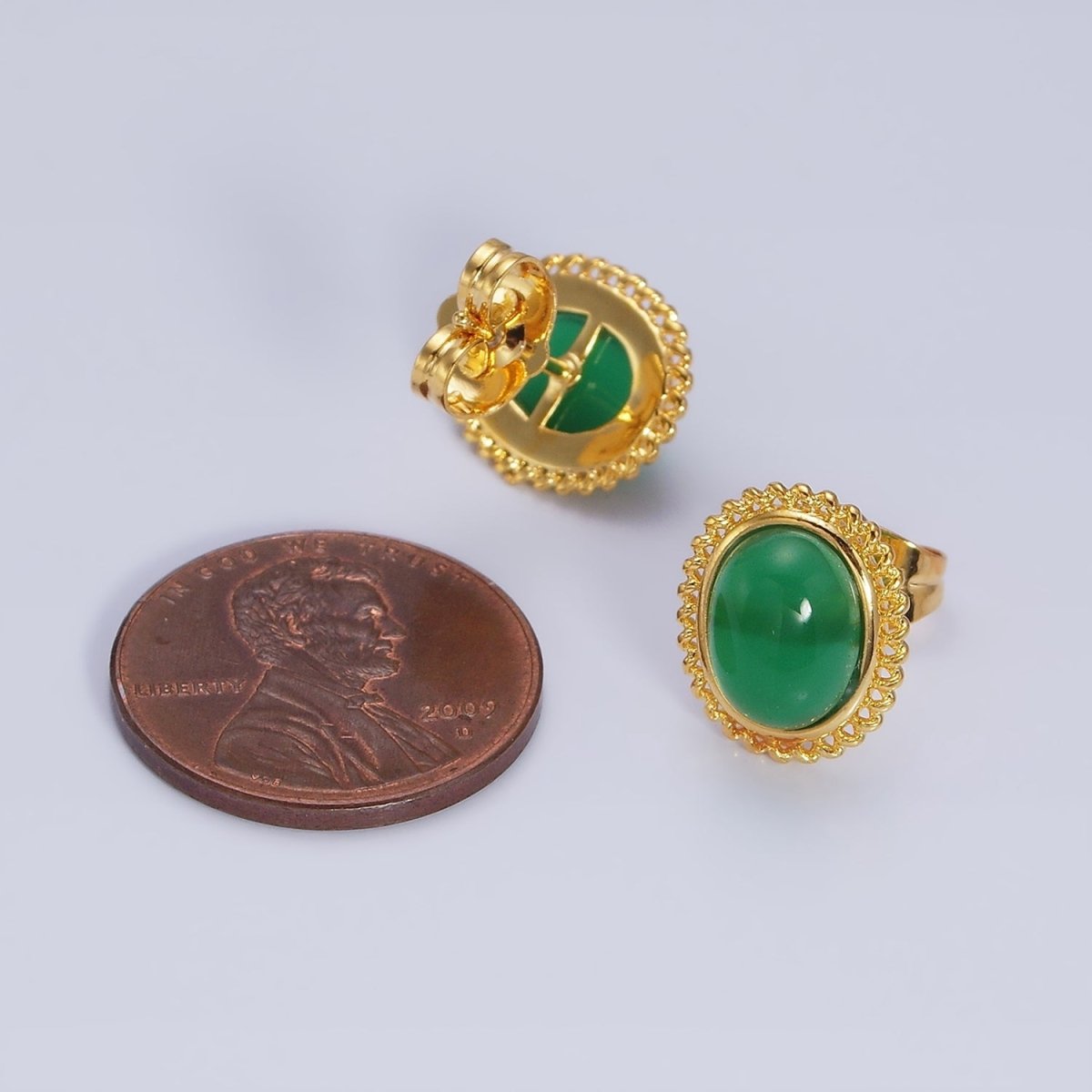 24K Gold Filled Green Jade Cabochon Rounded Stud Earrings | AD1429