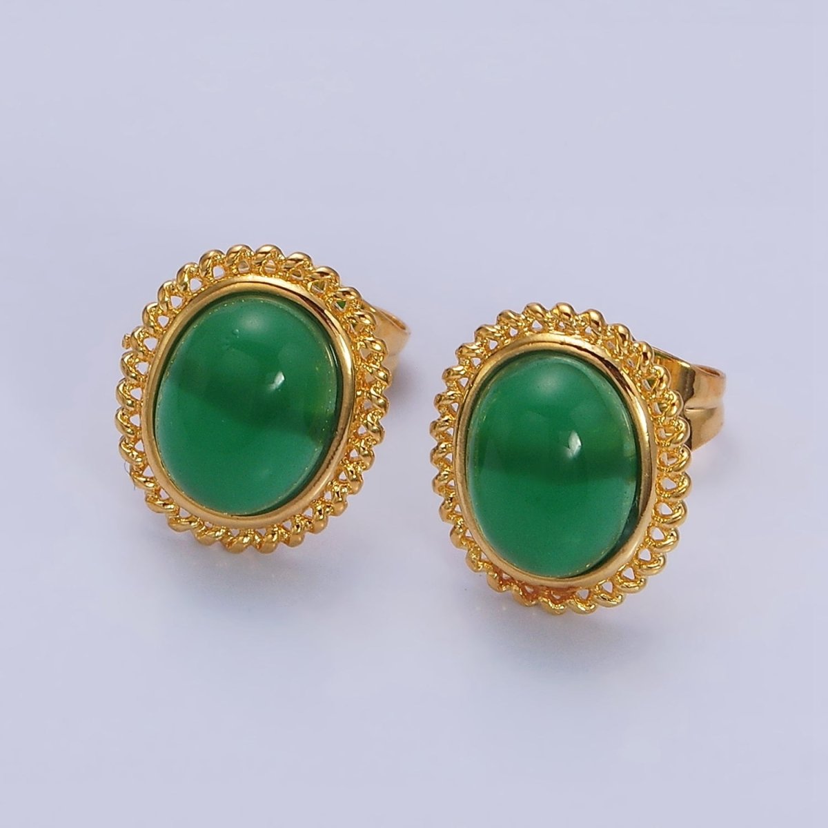 24K Gold Filled Green Jade Cabochon Rounded Stud Earrings | AD1429