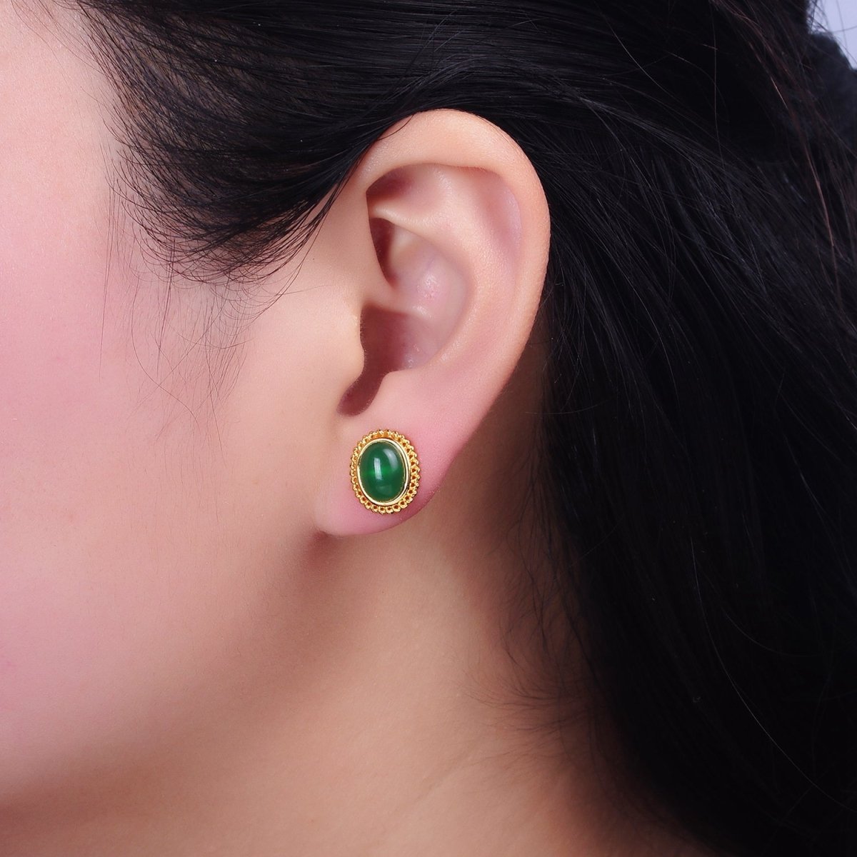 24K Gold Filled Green Jade Cabochon Rounded Stud Earrings | AD1429