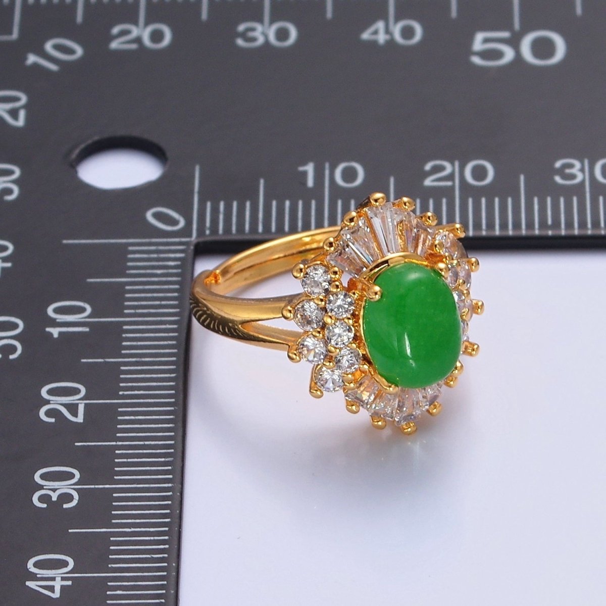24K Gold Filled Green Jade Sunburst Baguette Round CZ Statement Ring O-767