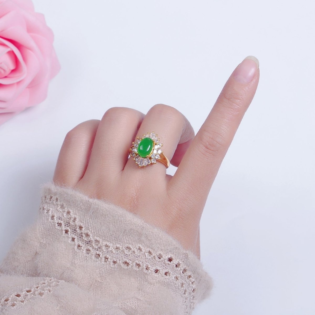 24K Gold Filled Green Jade Sunburst Baguette Round CZ Statement Ring O-767