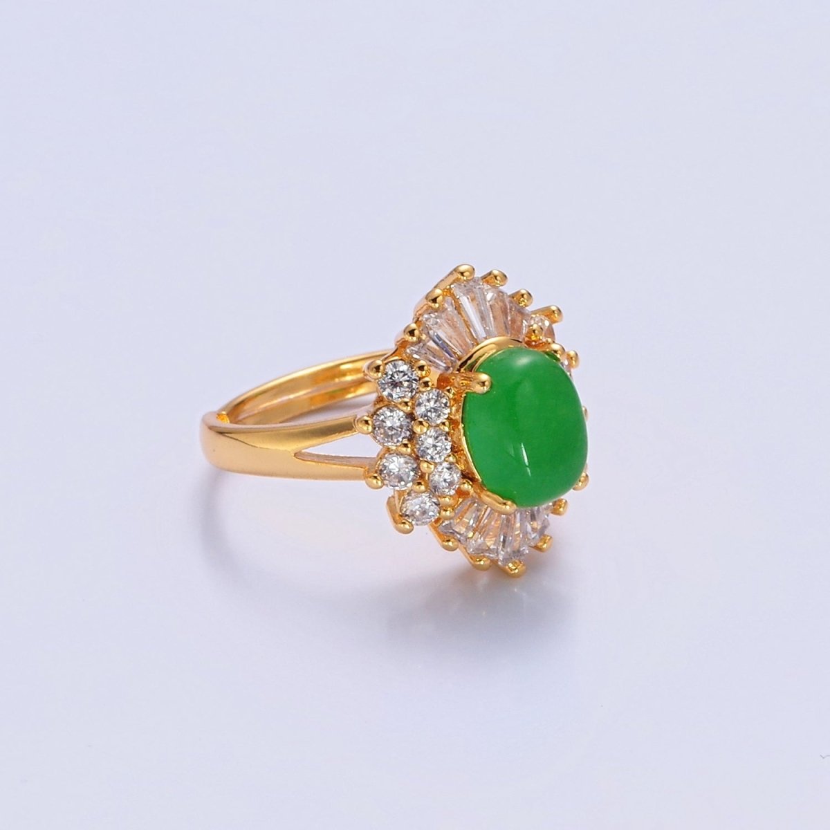 24K Gold Filled Green Jade Sunburst Baguette Round CZ Statement Ring O-767