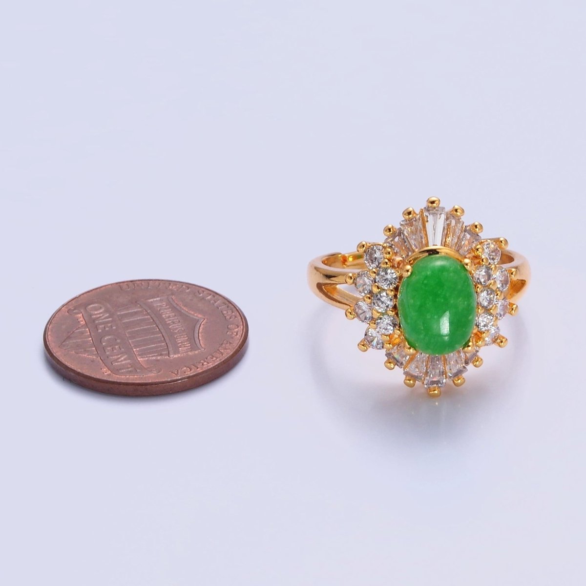 24K Gold Filled Green Jade Sunburst Baguette Round CZ Statement Ring O-767