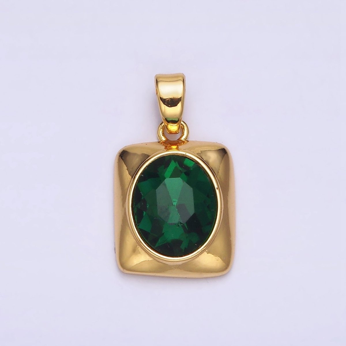 24K Gold Filled Green Oval CZ Multifaceted Square Pendant | AA581