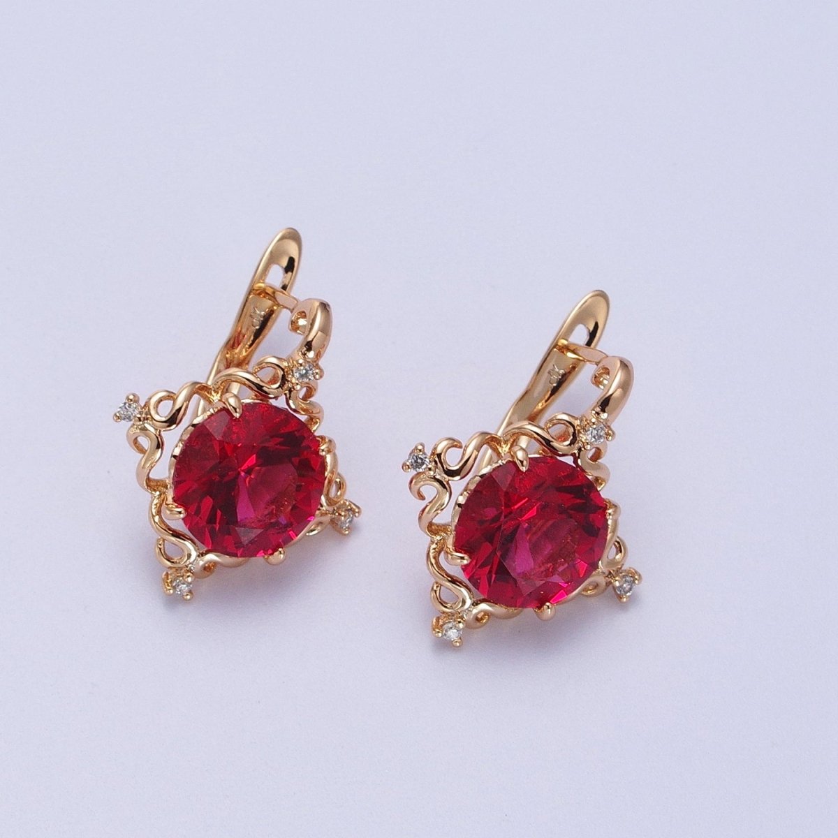 24K Gold Filled Green, Purple, Red Round Artisan Latch Back Earrings | AD-292~AD-294