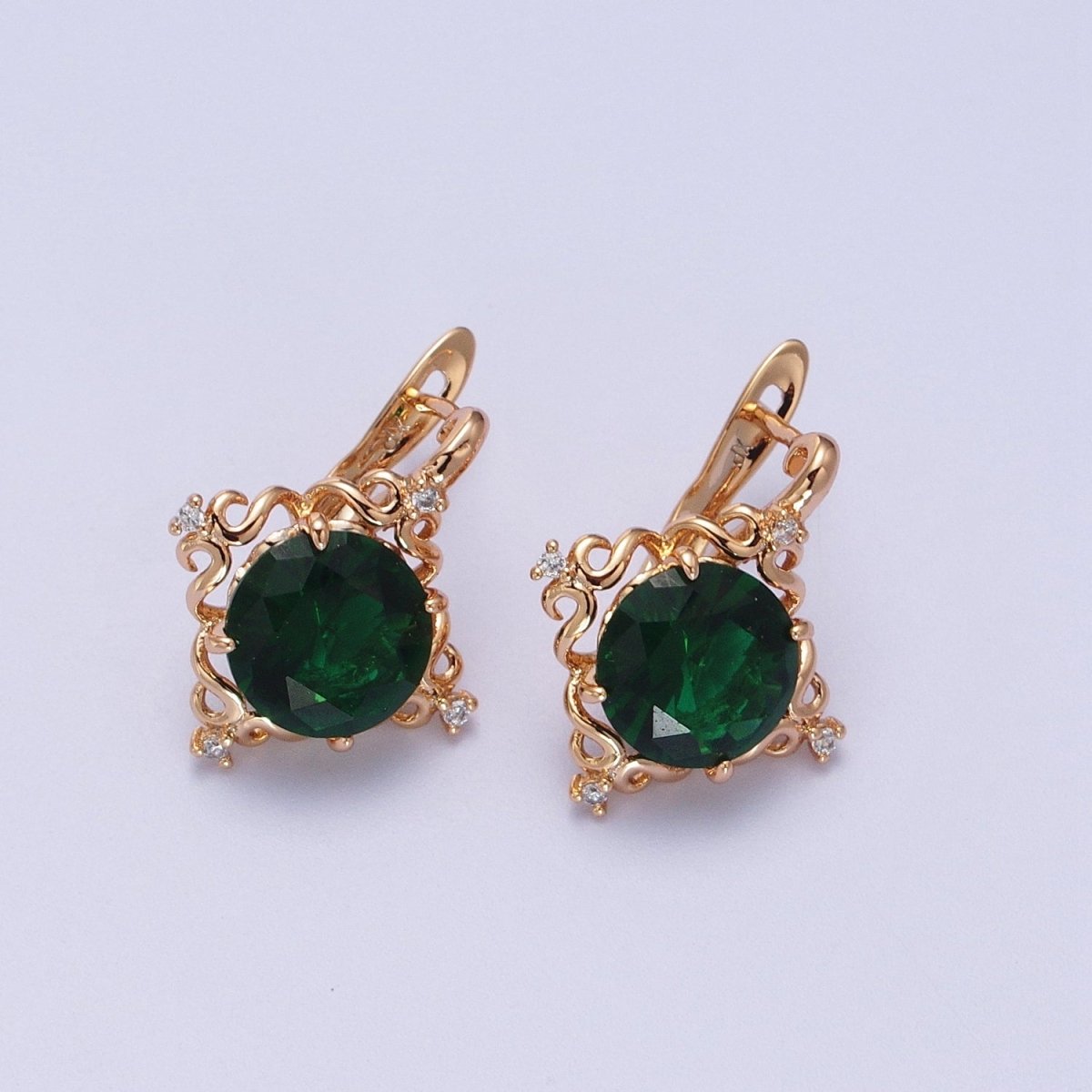 24K Gold Filled Green, Purple, Red Round Artisan Latch Back Earrings | AD-292~AD-294