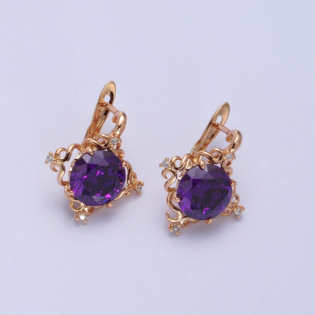 24K Gold Filled Green, Purple, Red Round Artisan Latch Back Earrings | AD-292~AD-294