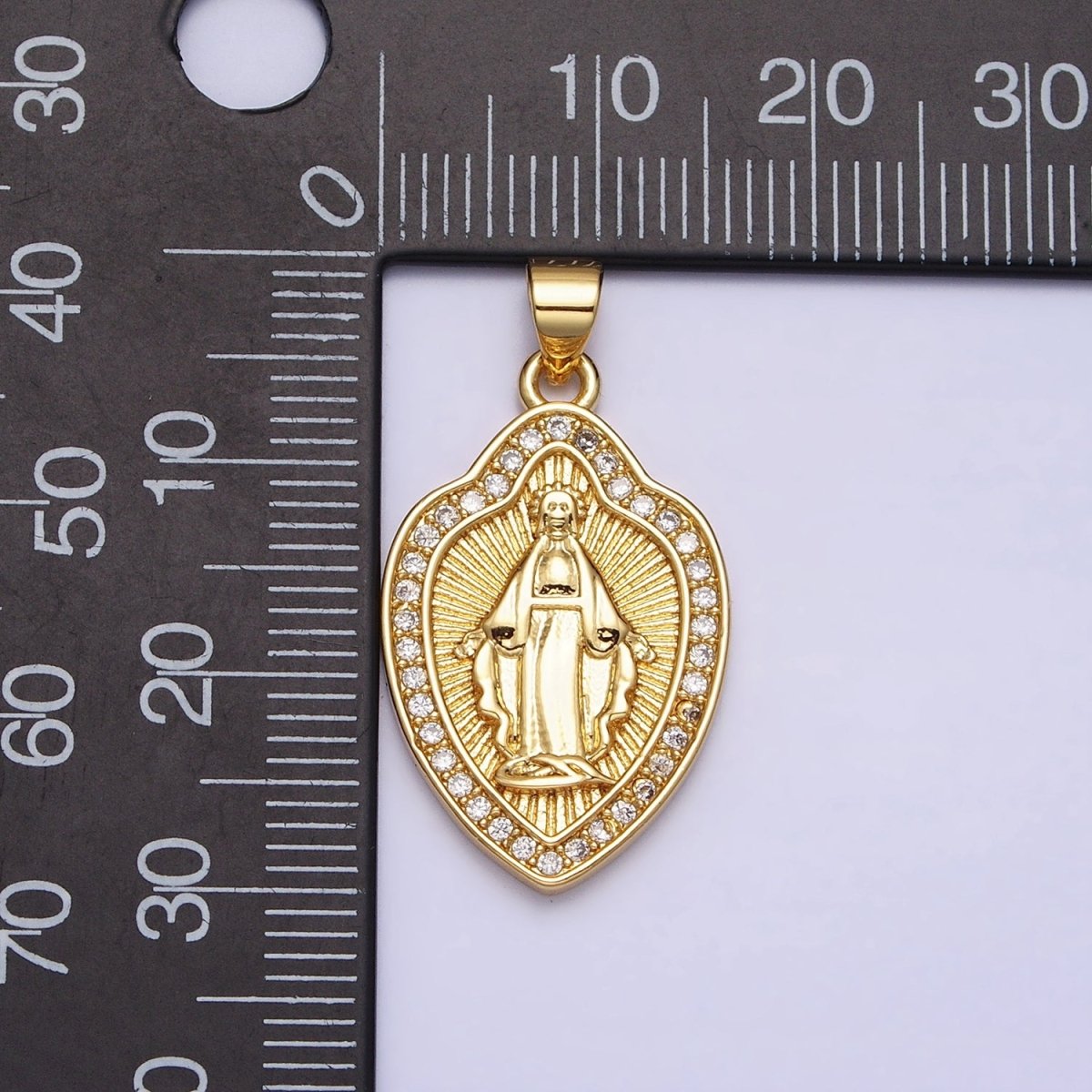 24K Gold Filled Guadalupe Virgin Mary Line Textured Shield Micro Paved CZ Pendant | AA207