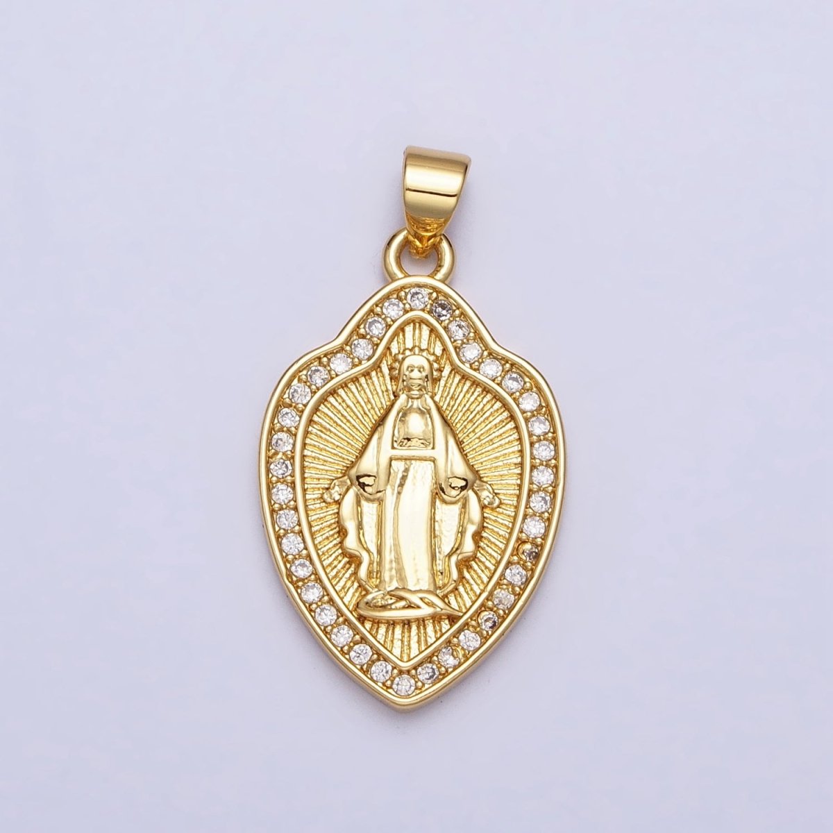 24K Gold Filled Guadalupe Virgin Mary Line Textured Shield Micro Paved CZ Pendant | AA207