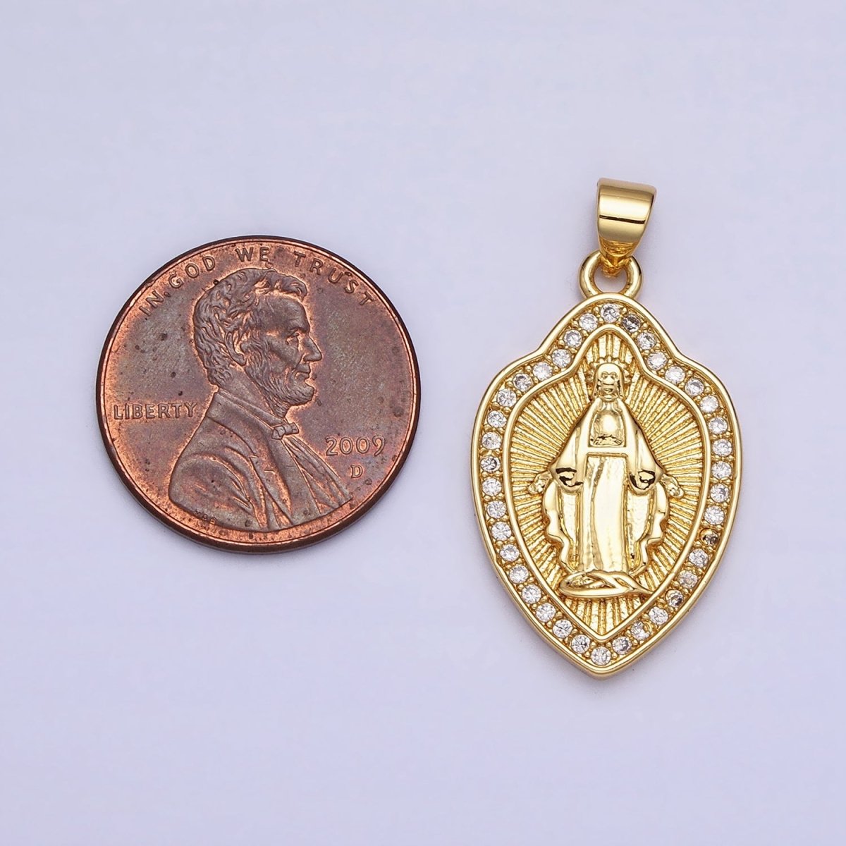 24K Gold Filled Guadalupe Virgin Mary Line Textured Shield Micro Paved CZ Pendant | AA207