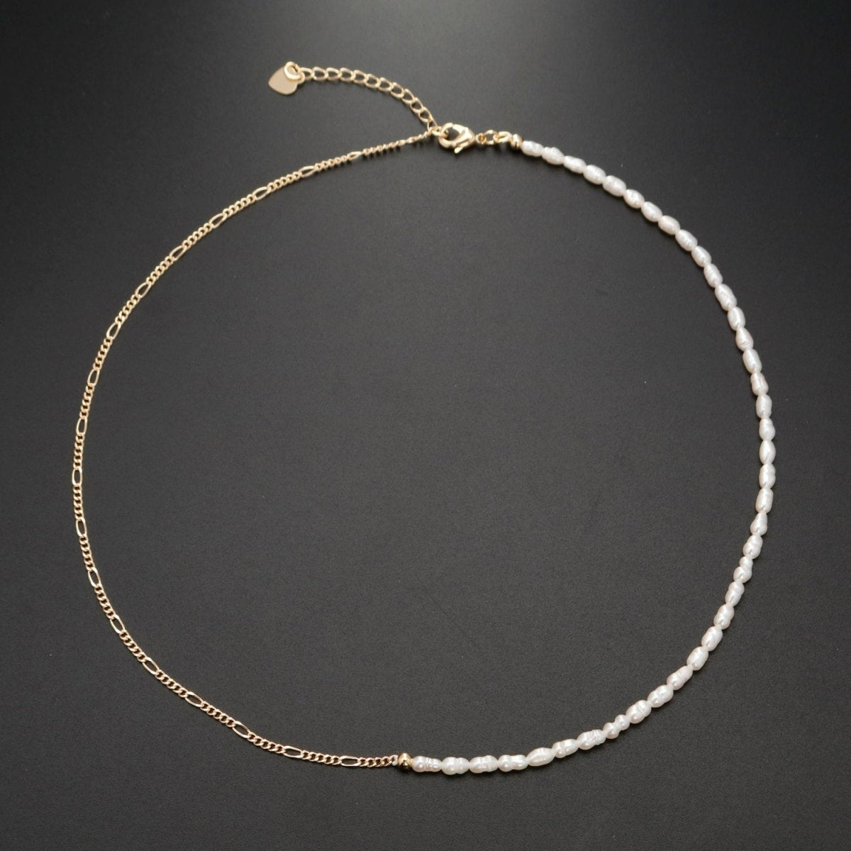 24K Gold Filled Half Freshwater Pearl Baroque Seed Half Figaro 16 Inch Choker Chain Necklace | WA-330 Clearance Pricing