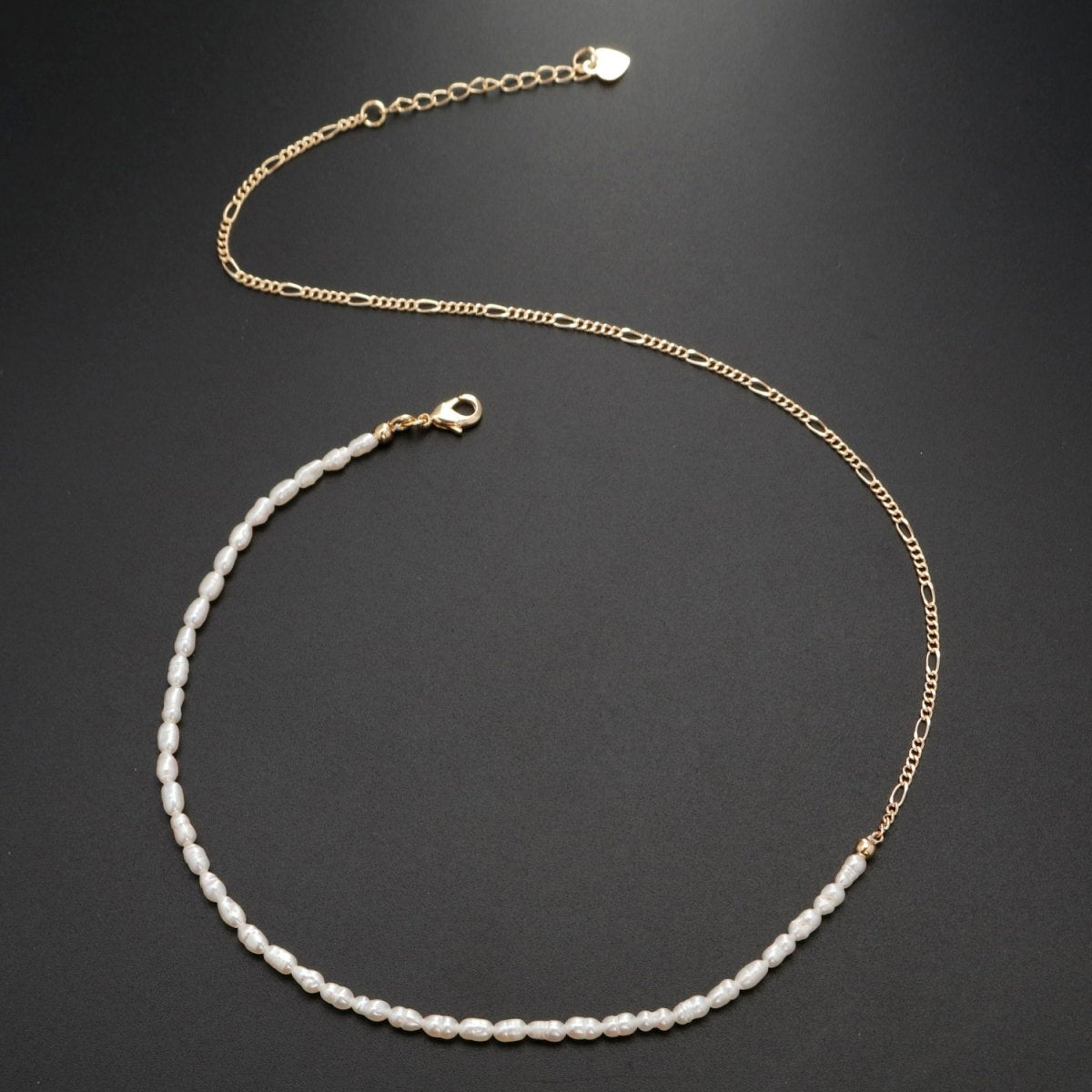 24K Gold Filled Half Freshwater Pearl Baroque Seed Half Figaro 16 Inch Choker Chain Necklace | WA-330 Clearance Pricing