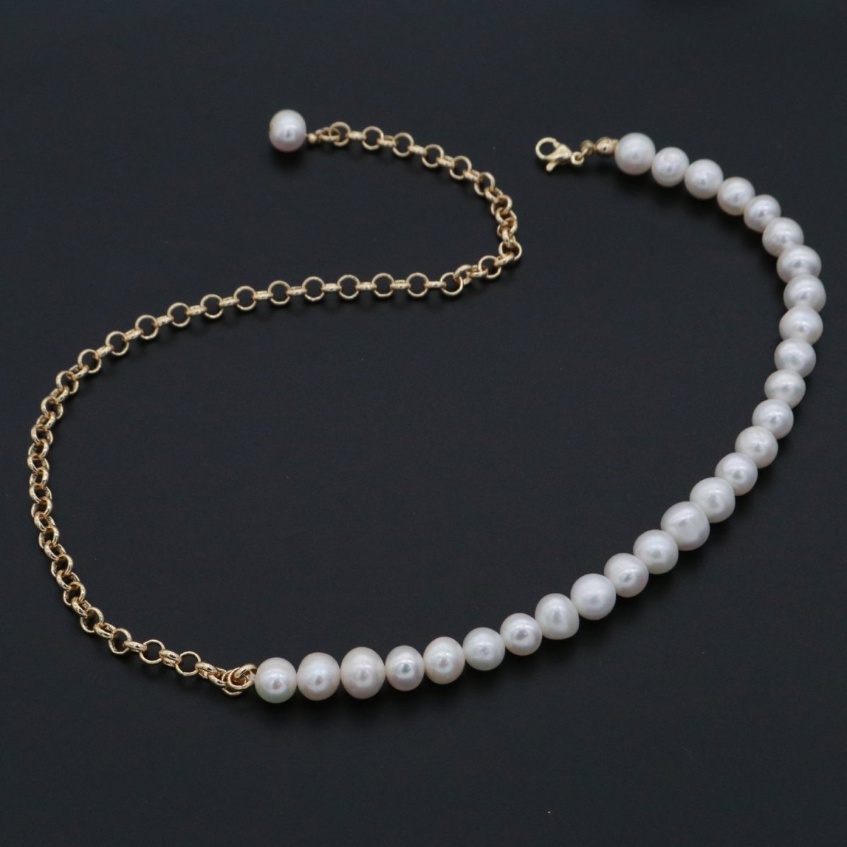 24K Gold Filled Half Round Freshwater Pearl Half Round Rolo 18.5 Inch Layering Chain | WA-268 Clearance Pricing