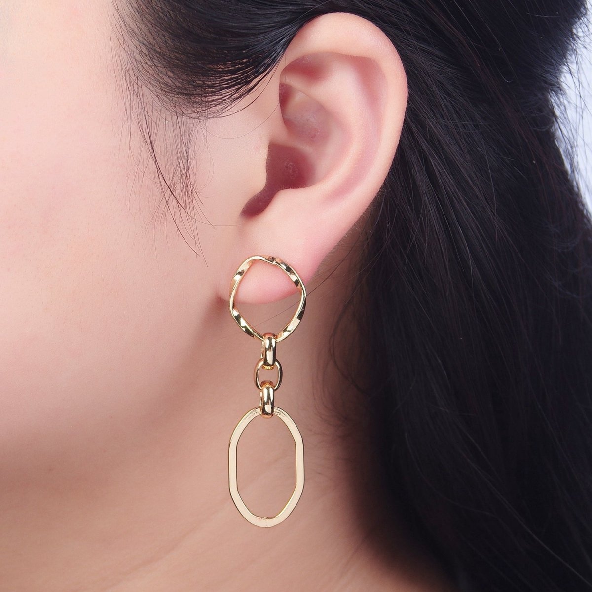 OS 24K Gold Filled Hammered Oval Chain Link Dangle Stud Earrings P-310