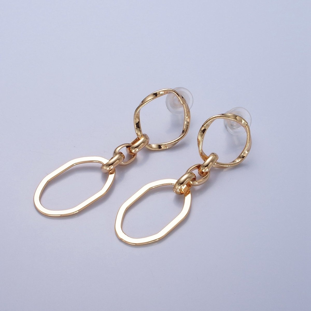 OS 24K Gold Filled Hammered Oval Chain Link Dangle Stud Earrings P-310