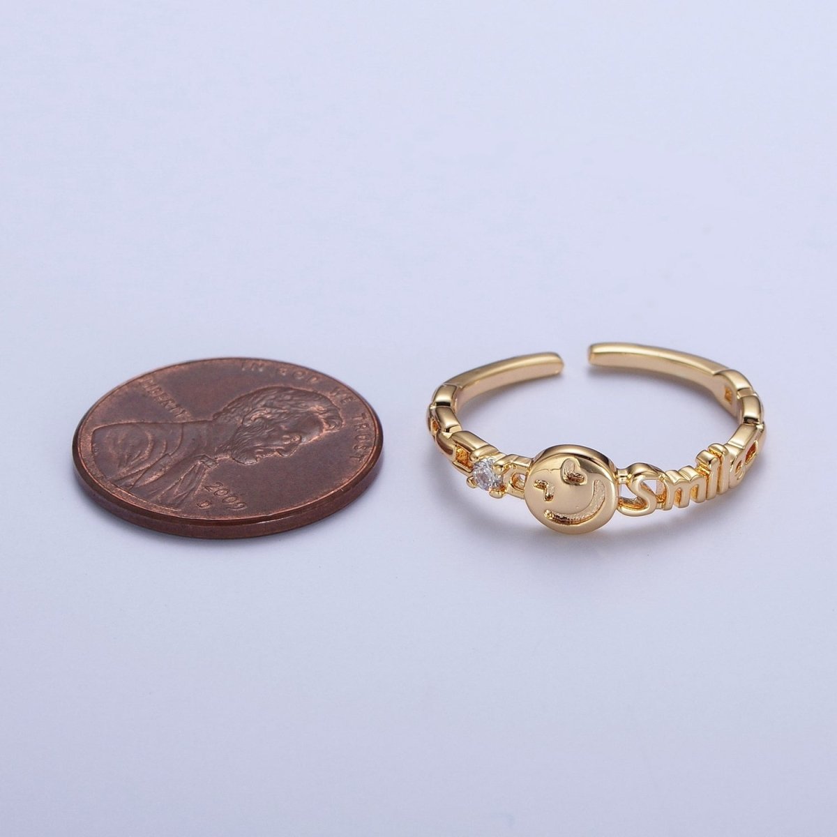 24K Gold Filled Happy Face & Smile Script with Cubic Zirconia Adjustable Gold Ring | U-010