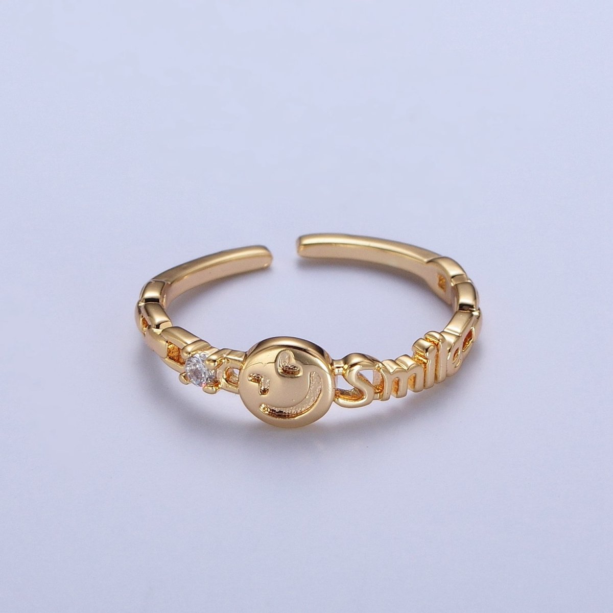 24K Gold Filled Happy Face & Smile Script with Cubic Zirconia Adjustable Gold Ring | U-010