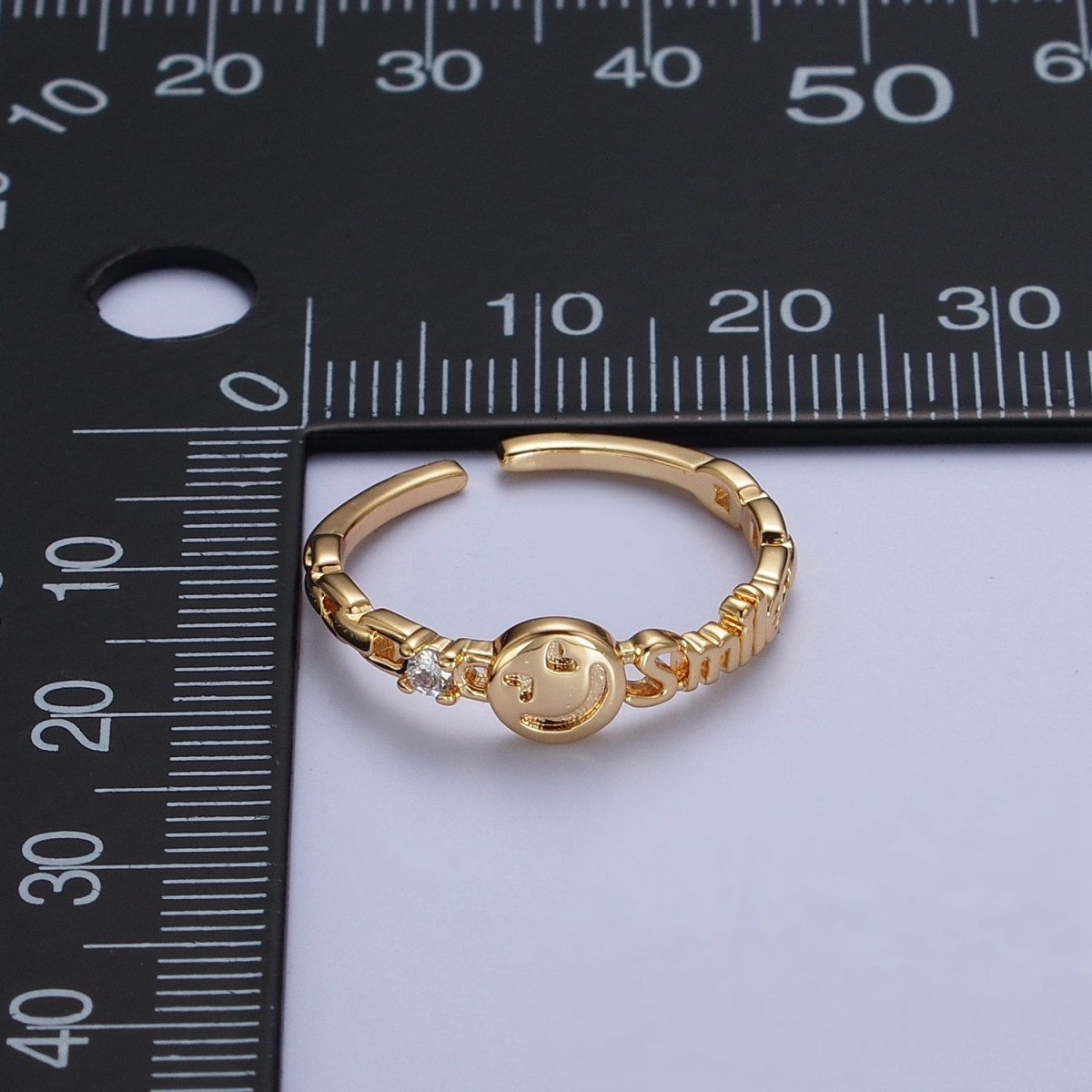 24K Gold Filled Happy Face & Smile Script with Cubic Zirconia Adjustable Gold Ring | U-010