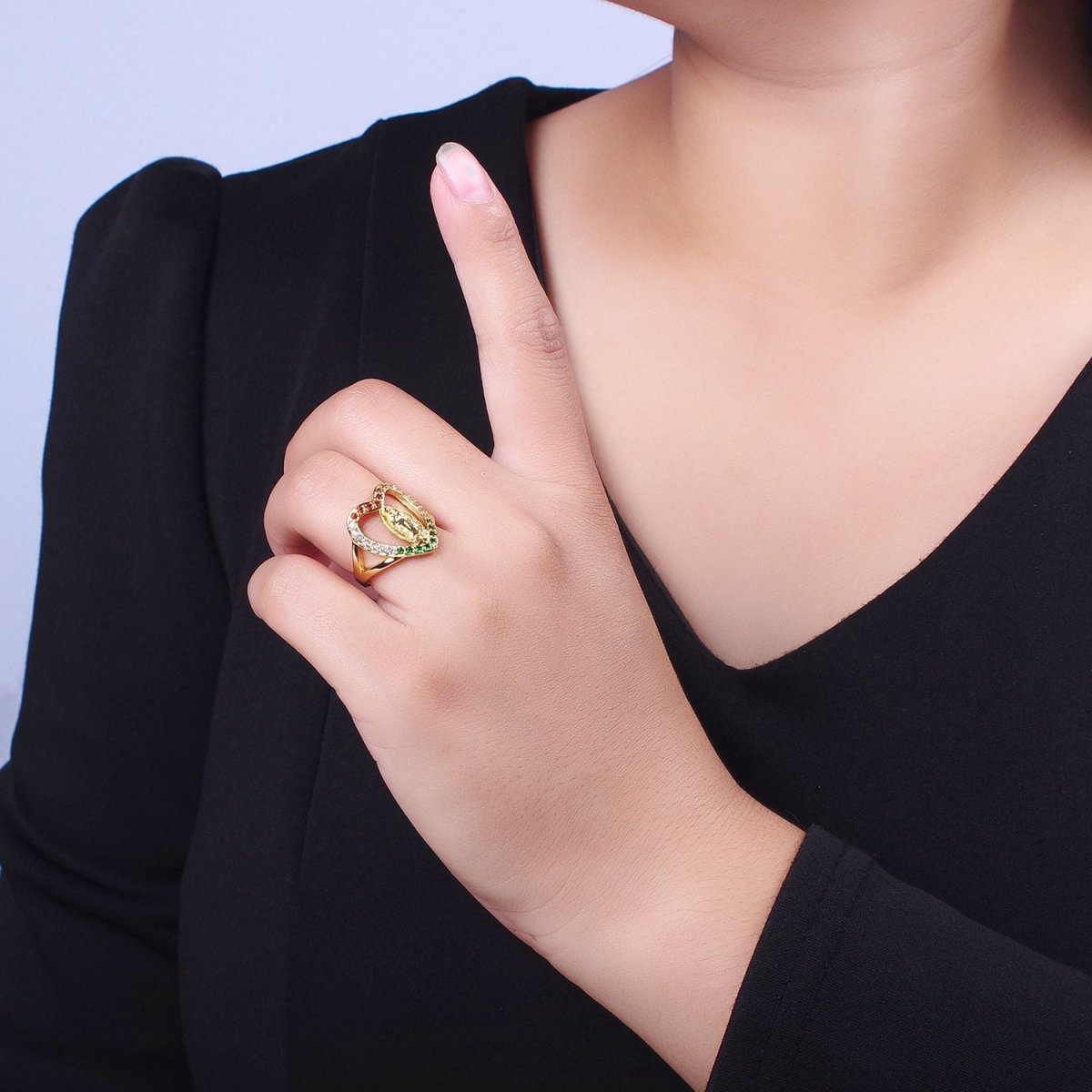 24K Gold Filled Heart Micro Paved Multicolor Religious Virgin Mary Lady Guadalupe Ring | O-151
