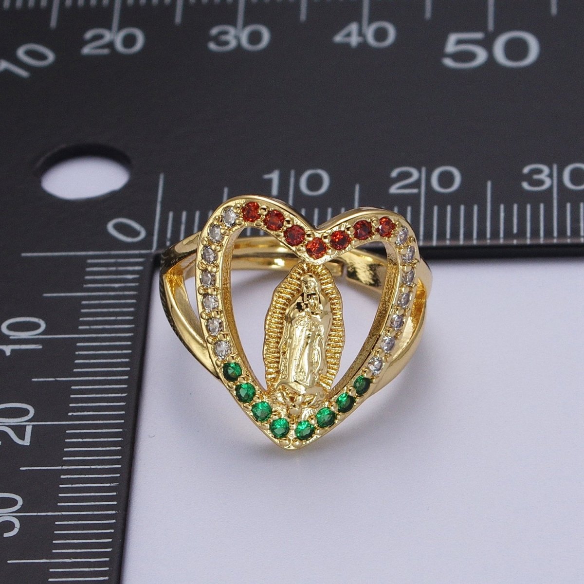 24K Gold Filled Heart Micro Paved Multicolor Religious Virgin Mary Lady Guadalupe Ring | O-151
