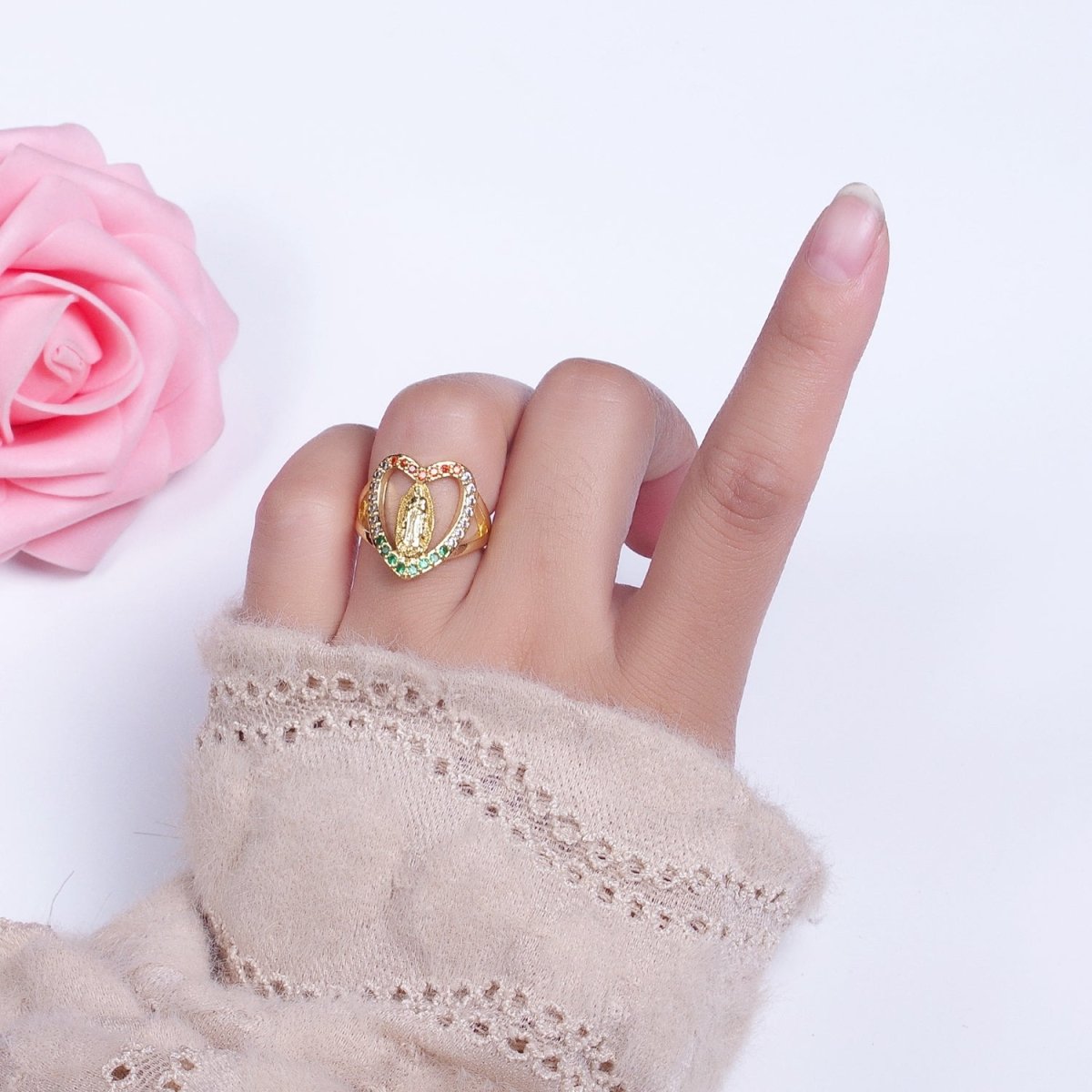 24K Gold Filled Heart Micro Paved Multicolor Religious Virgin Mary Lady Guadalupe Ring | O-151