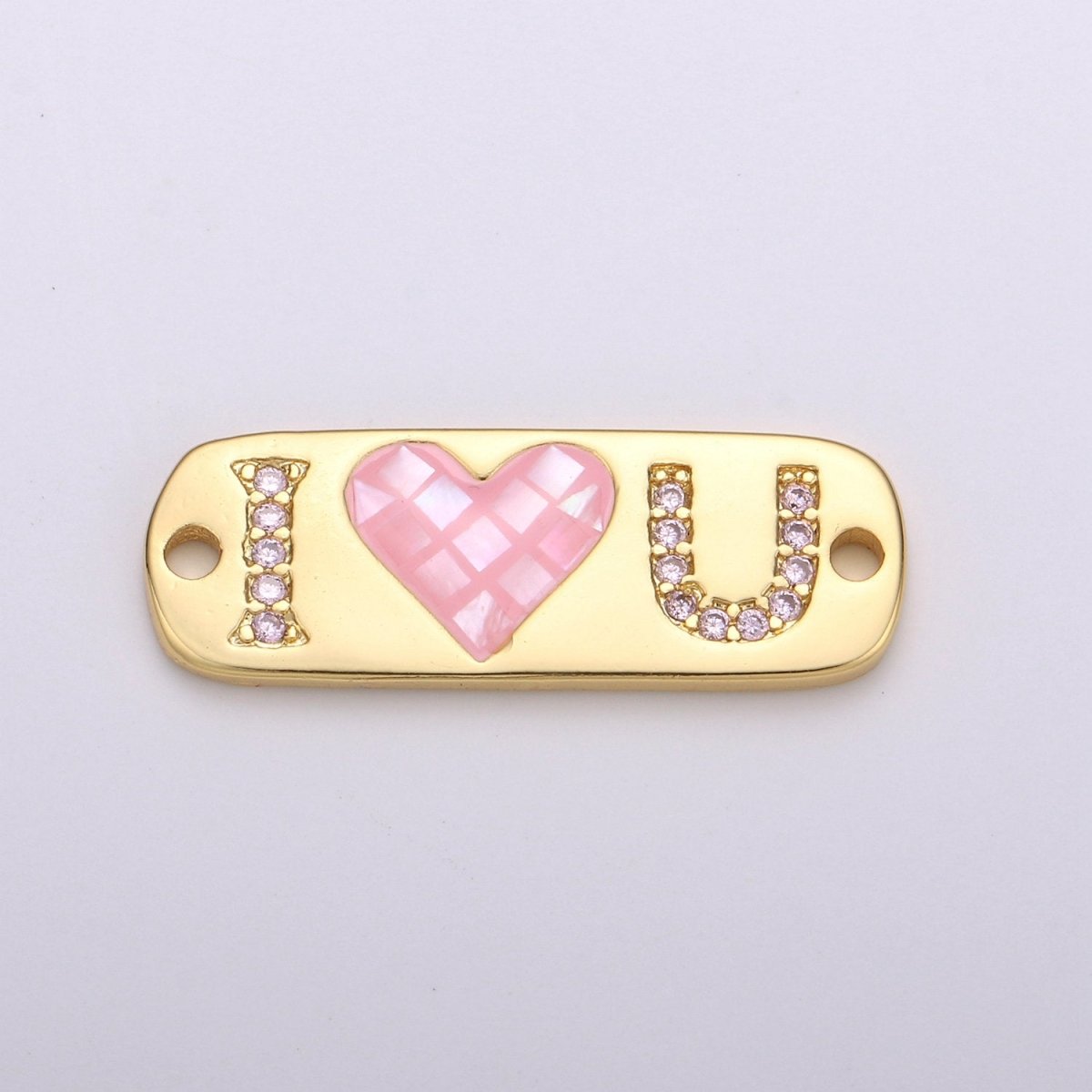 24K Gold Filled "I Love U" Micro Paved Pink Heart Opal Shell Link Connector F-394