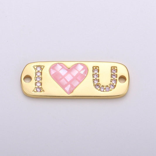 24K Gold Filled "I Love U" Micro Paved Pink Heart Opal Shell Link Connector F-394