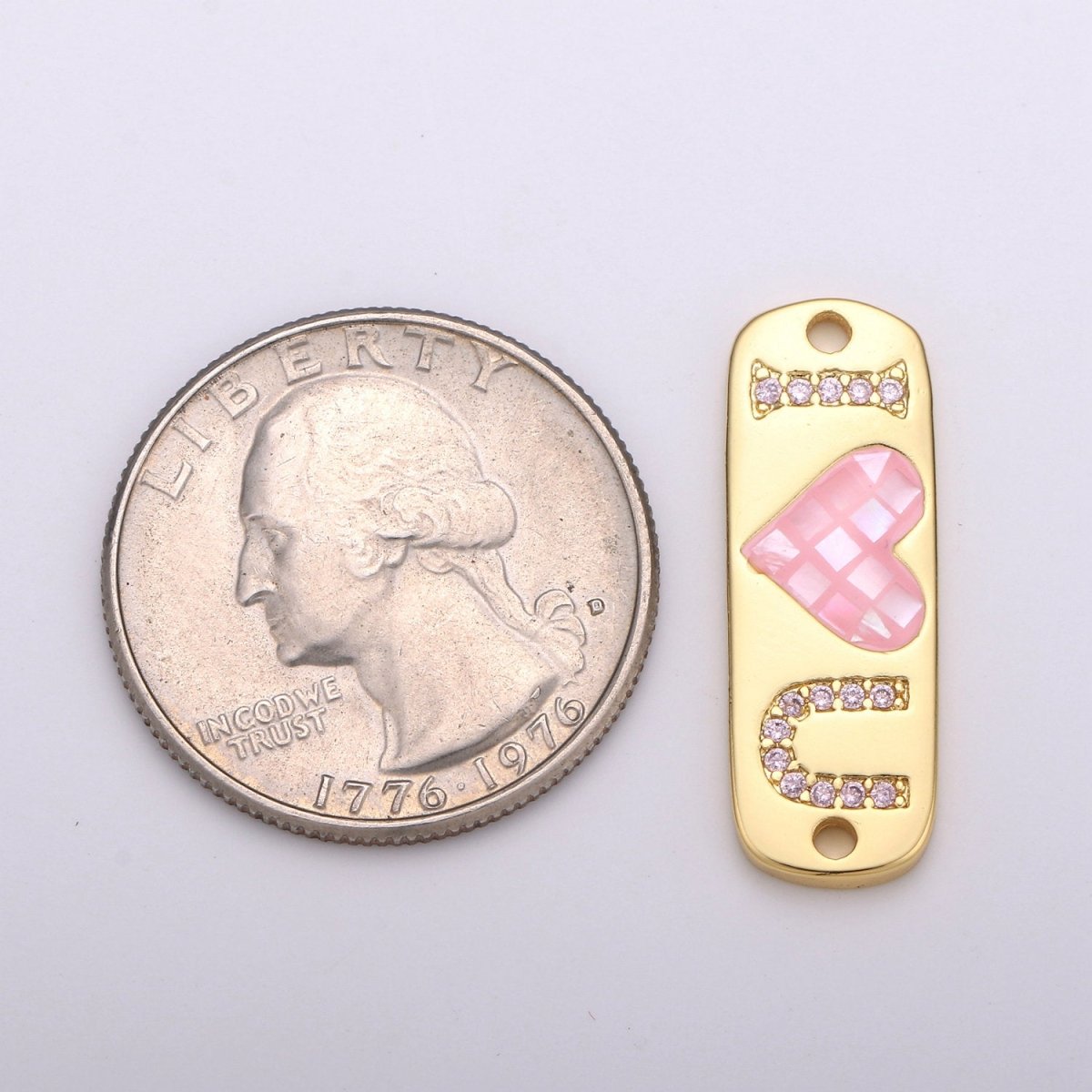 24K Gold Filled "I Love U" Micro Paved Pink Heart Opal Shell Link Connector F-394