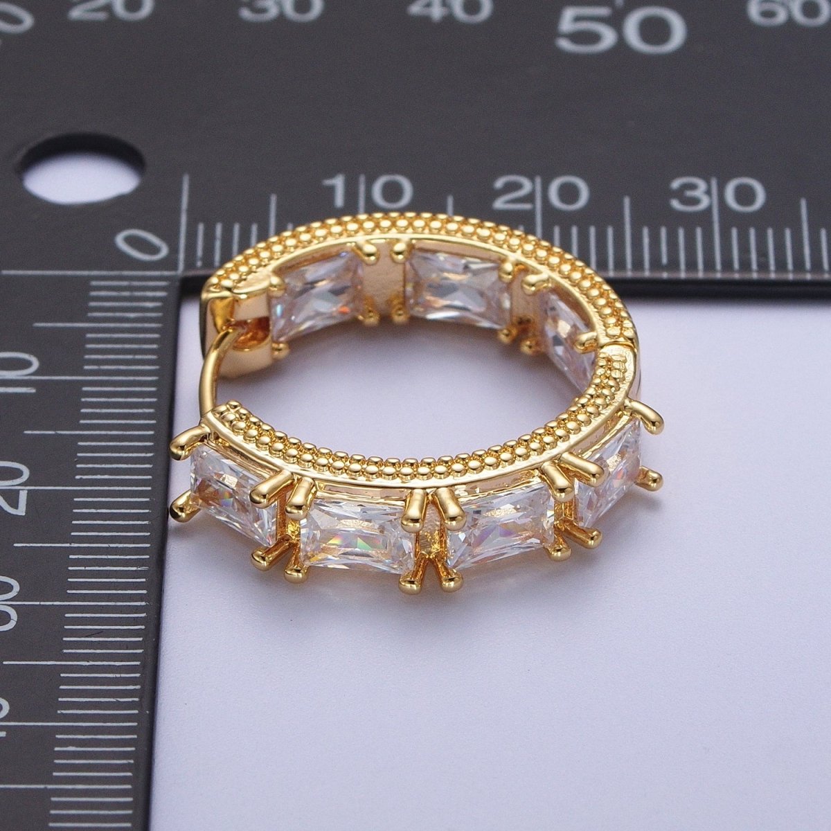 24K Gold Filled Inside Outside Double Sided Baguette Cubic Zirconia Beaded Huggie Hoops Earrings | AD-036