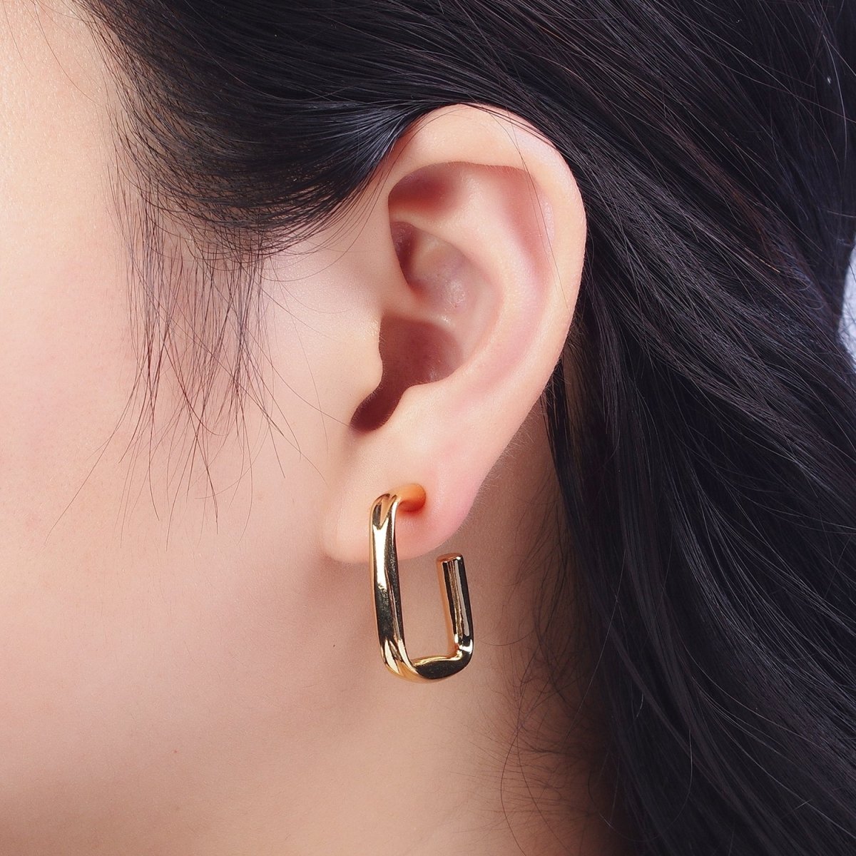 24K Gold Filled J Shaped Boxy Block Hoop Stud Geometric Earrings | AD-543