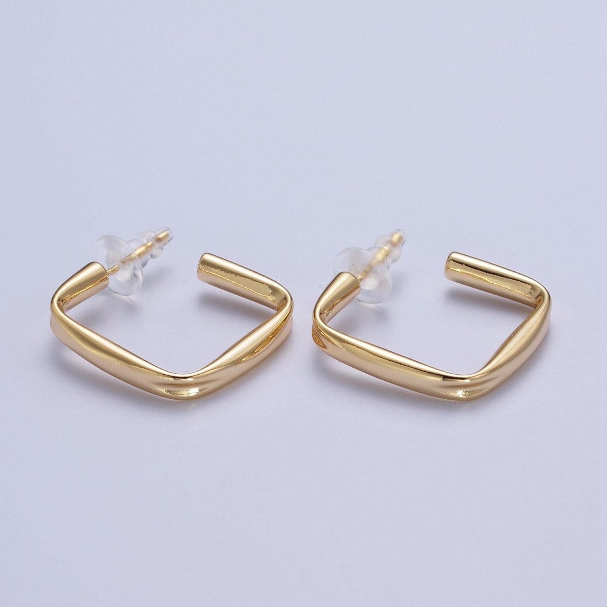 24K Gold Filled J Shaped Boxy Block Hoop Stud Geometric Earrings | AD-543