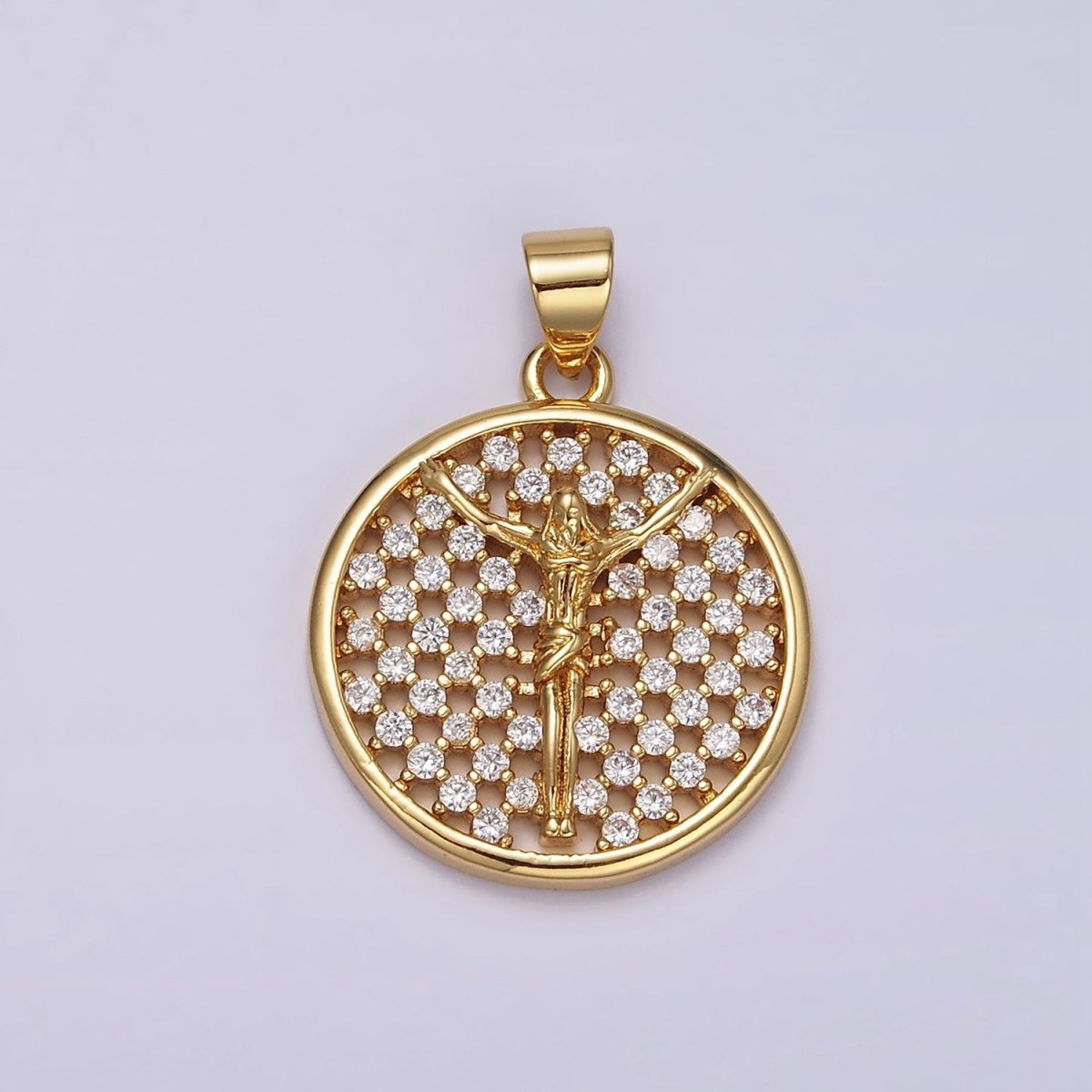 24K Gold Filled Jesus Crucifix Religious Open Clear CZ Checkered Round Charm | N1945