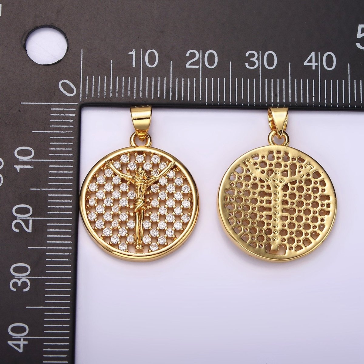 24K Gold Filled Jesus Crucifix Religious Open Clear CZ Checkered Round Charm | N1945