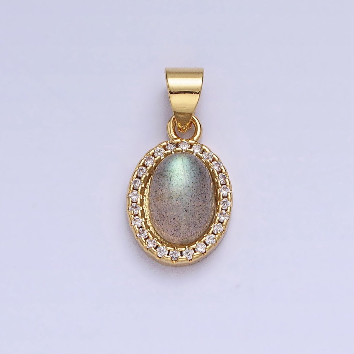 24K Gold Filled Labradorite: Spectrolite Natural Gemstone Micro Paved CZ Oval Pendant | AA178