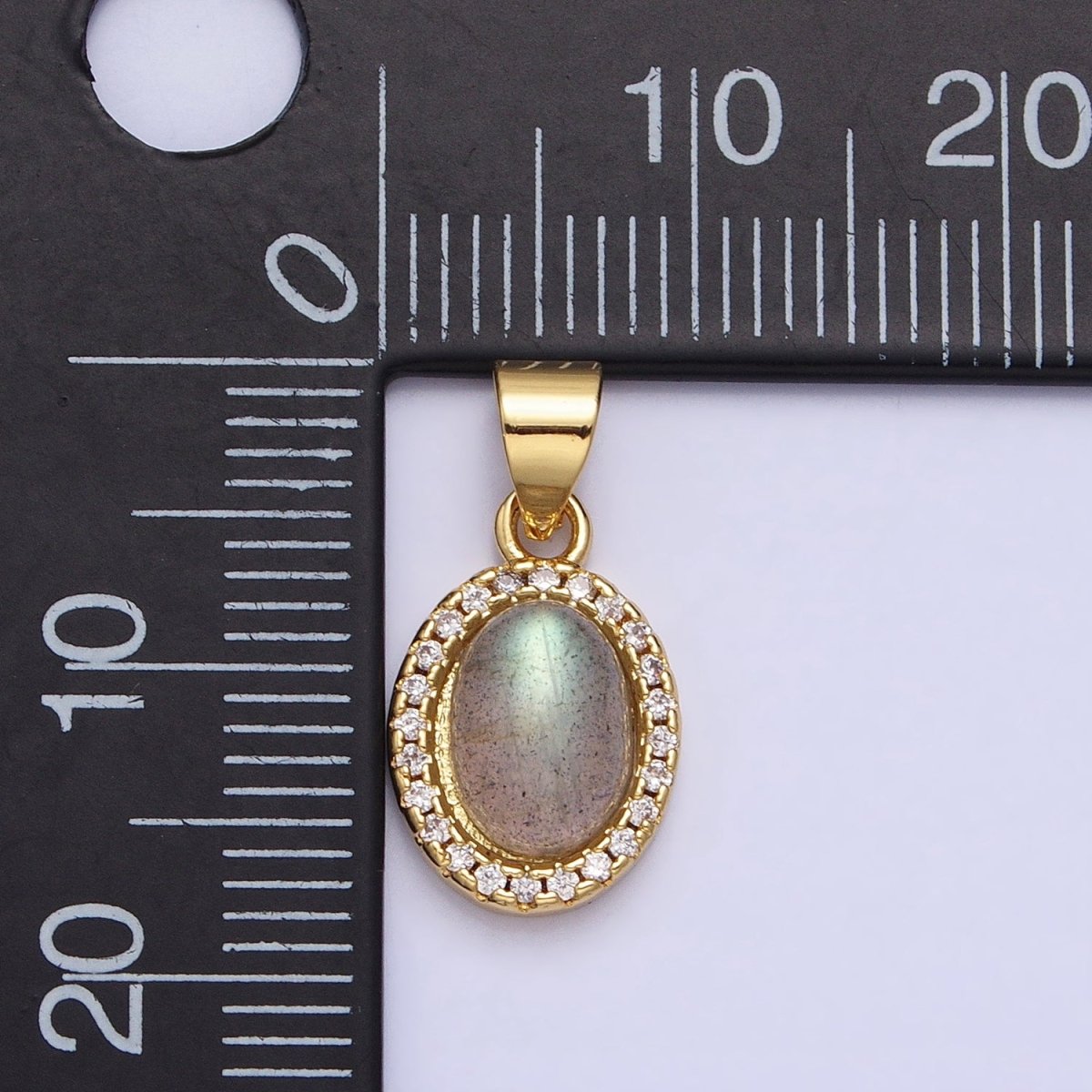 24K Gold Filled Labradorite: Spectrolite Natural Gemstone Micro Paved CZ Oval Pendant | AA178