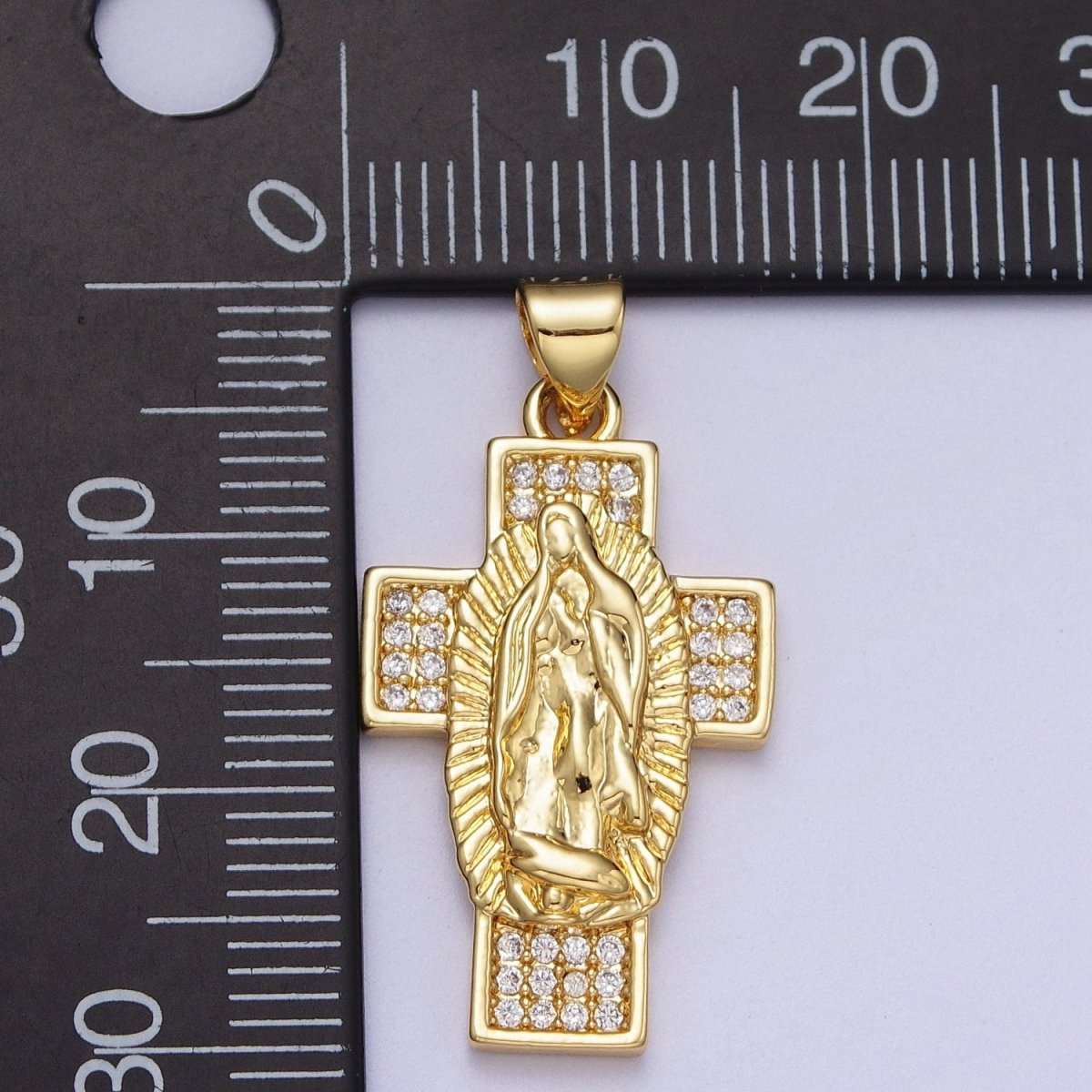 24K Gold Filled Lady Guadalupe Cross Religious Micro Paved CZ Pendant  I-290