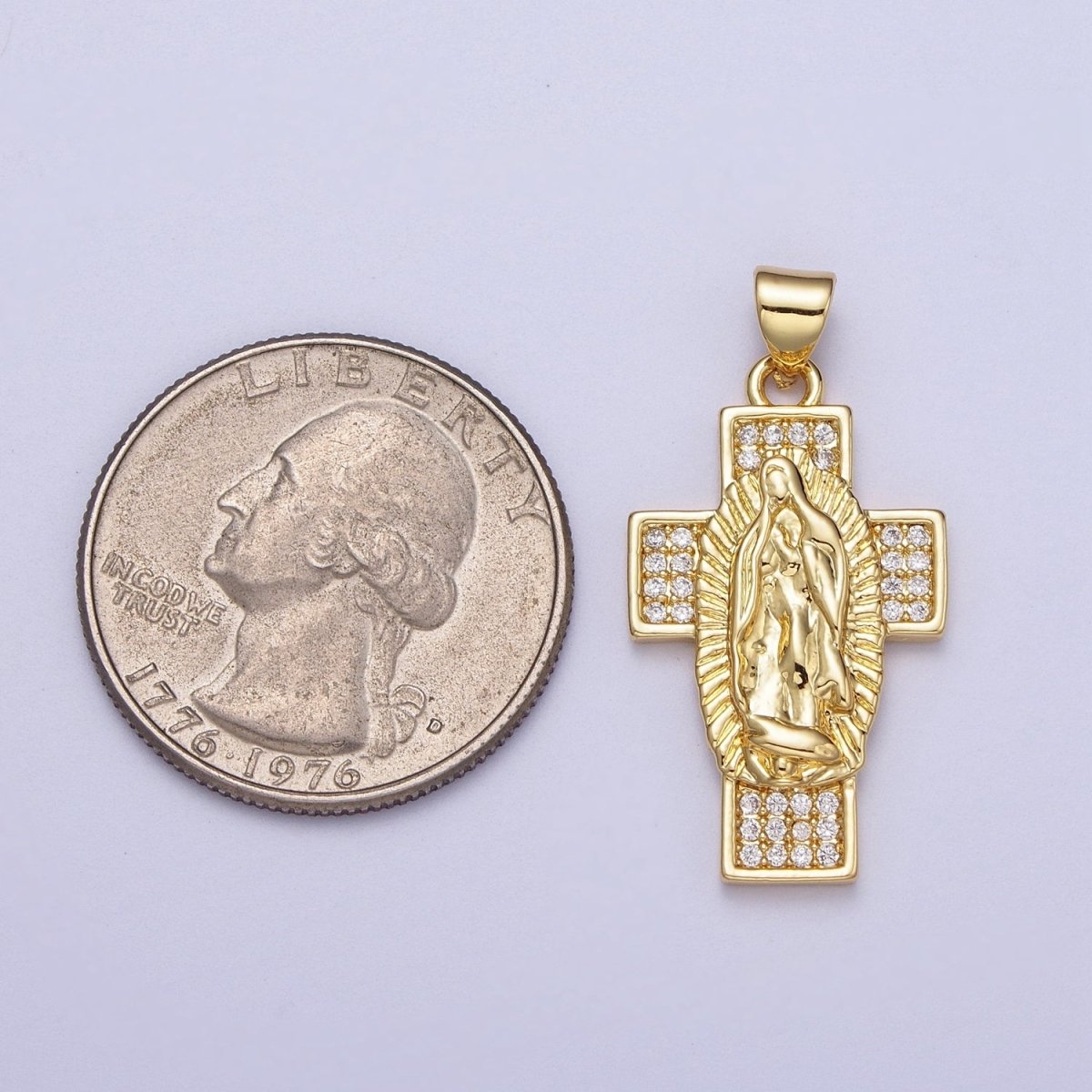 24K Gold Filled Lady Guadalupe Cross Religious Micro Paved CZ Pendant  I-290