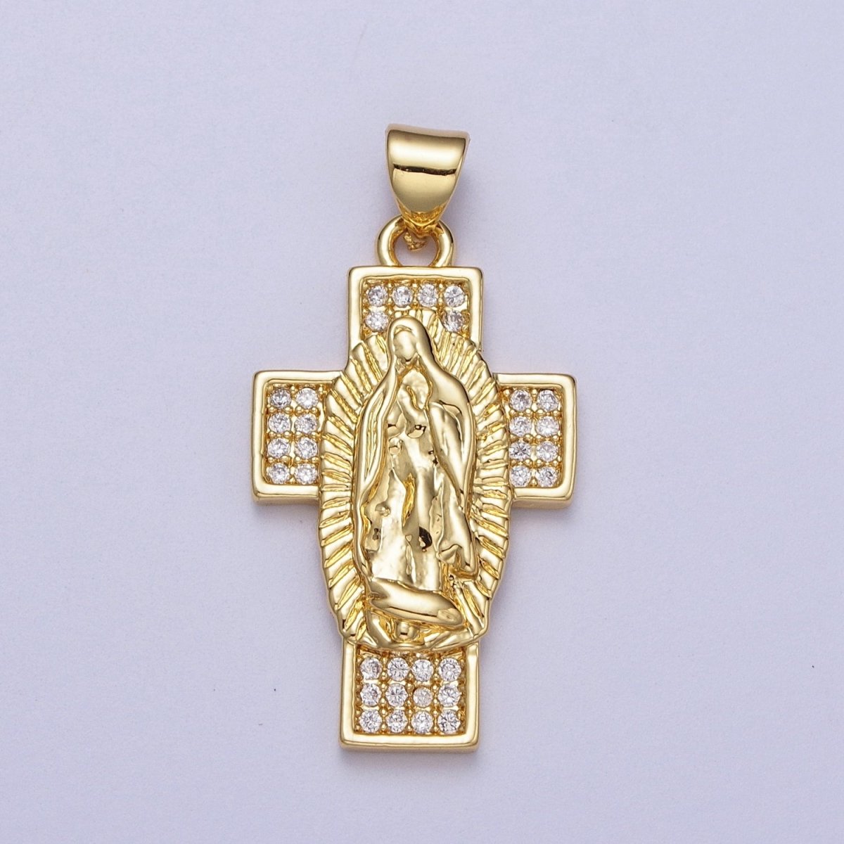 24K Gold Filled Lady Guadalupe Cross Religious Micro Paved CZ Pendant  I-290